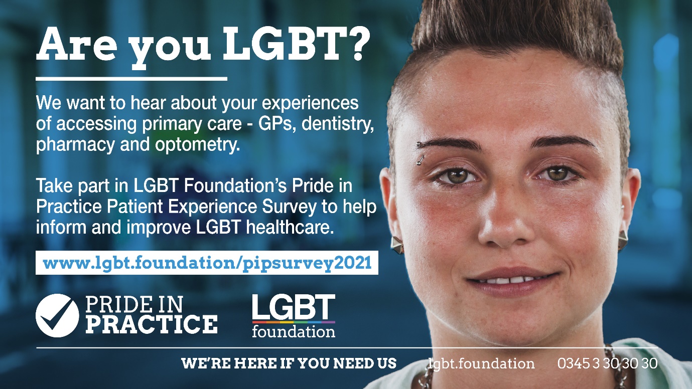 Text on the image invites people to complete a survey on their experiences of healthcare if they are lesbian, gay, bisexual or trans. The survey link is www.lgbt.foundation/pip survey2021. There is also a number to call: 0345 3 30 30.